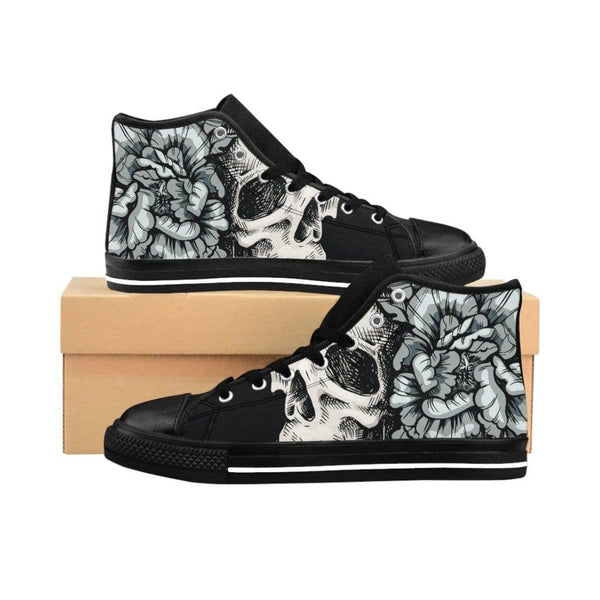 Skull with flora ornament Men's High-top Sneakers - Black / US 9 - TheRepublicStudio