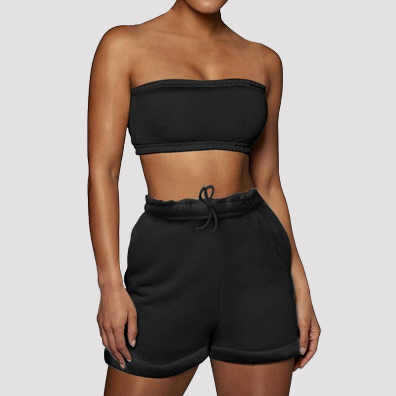 Women Solid Sportswear Two Piece Sets Women 2021 Crop Top And Drawstring Shorts Matching Set Summer Athleisure Outfits - TheRepublicStudio