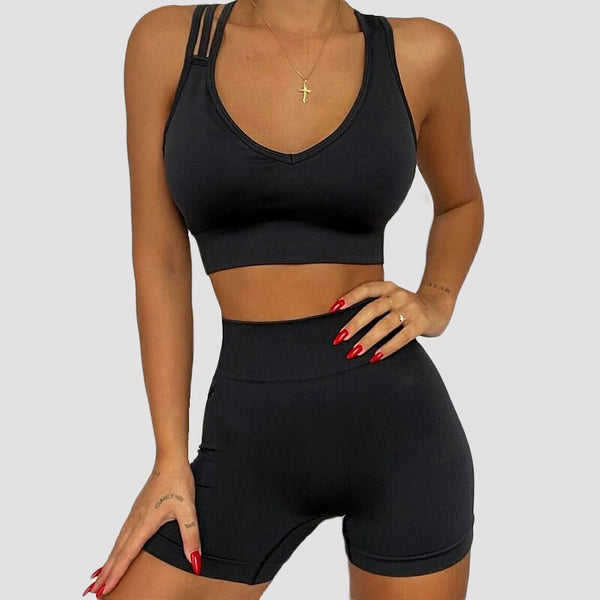 Sport Suit Women Workout Sportswear Fitness Bra Cross Strap Crop Top High Waisted Shorts Athletic Seamless Yoga Set Gym Clothing - TheRepublicStudio
