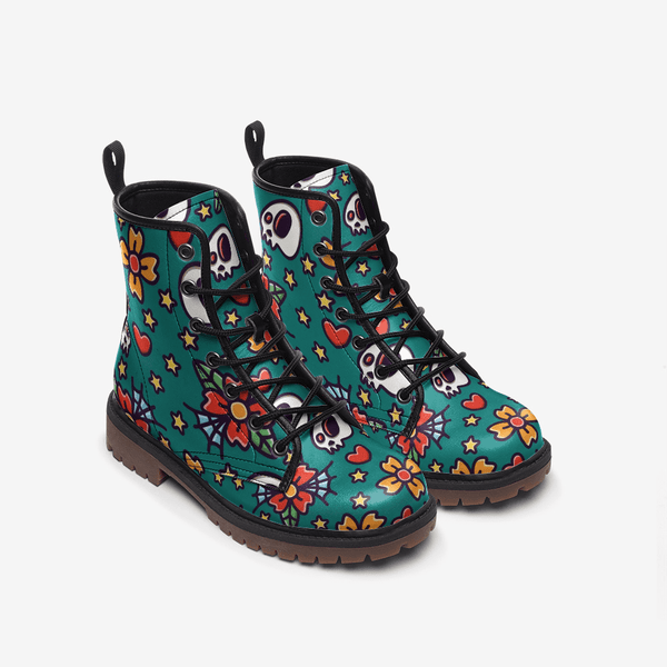 Skull and hearts pattern Casual Leather Lightweight boots MT - TheRepublicStudio