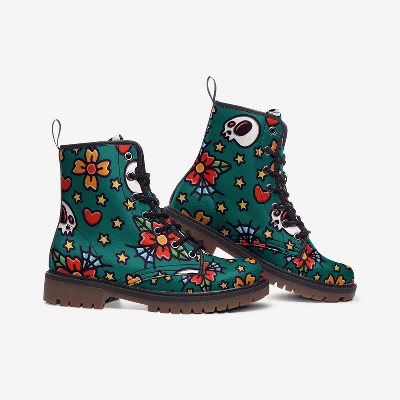 Skull and hearts pattern Casual Leather Lightweight boots MT - TheRepublicStudio