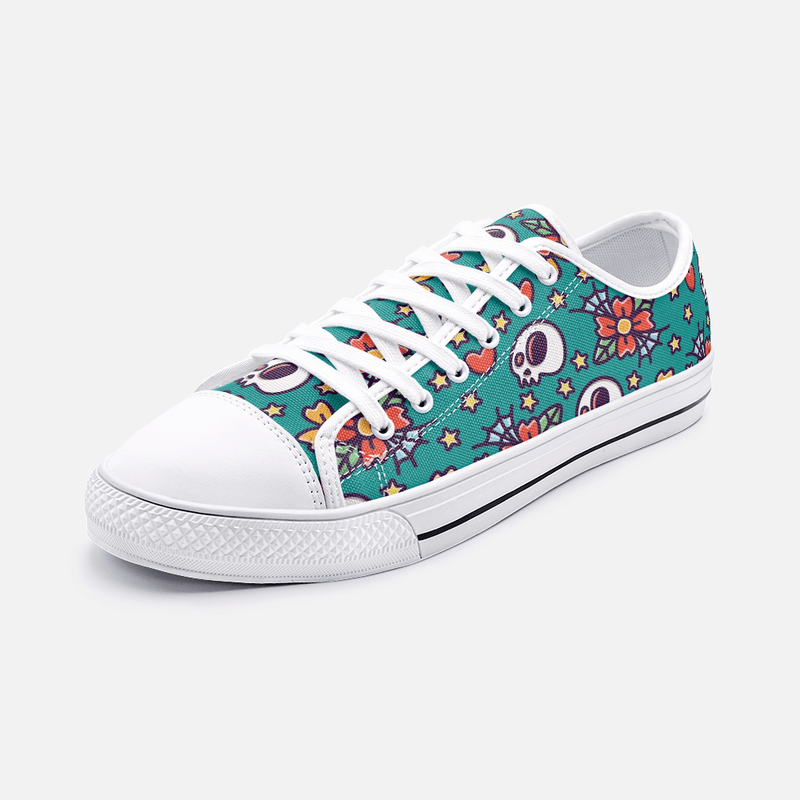 skull and hearts pattern Unisex Low Top Canvas Shoes - 3 Men / 4.5 Women - TheRepublicStudio