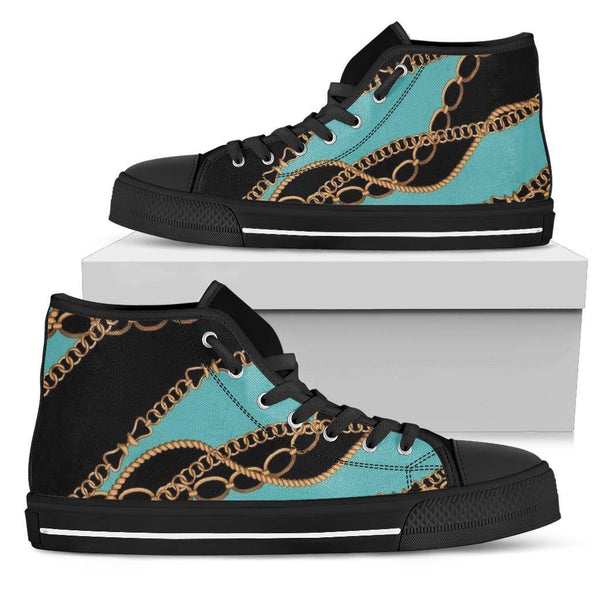 Teal Gold Chains Designer High Top Sneaker Custom Shoes with Black Soles - TheRepublicStudio