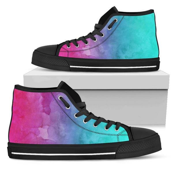 Pink Teal Water Colors Gradient High Top Sneakers Custom Shoes with Black Soles - TheRepublicStudio