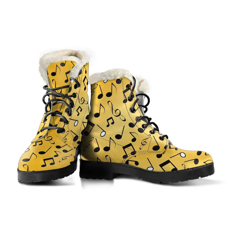 Yellow Music Notes Design Faux Fur Leather Boots Winter Shoes - TheRepublicStudio