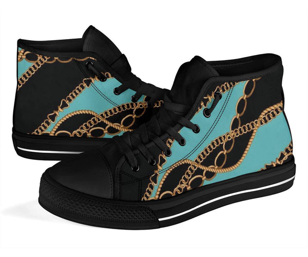 Teal Gold Chains Designer High Top Sneaker Custom Shoes with Black Soles - TheRepublicStudio