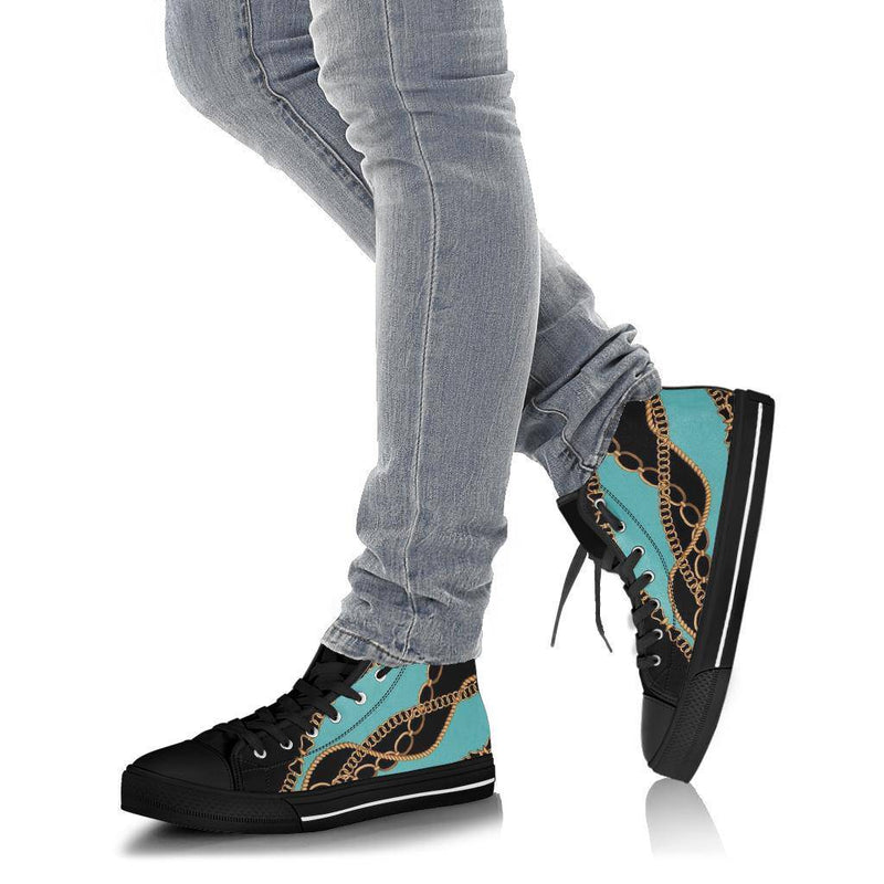 Teal Gold Chains Designer High Top Sneaker Custom Shoes with Black Soles - TheRepublicStudio