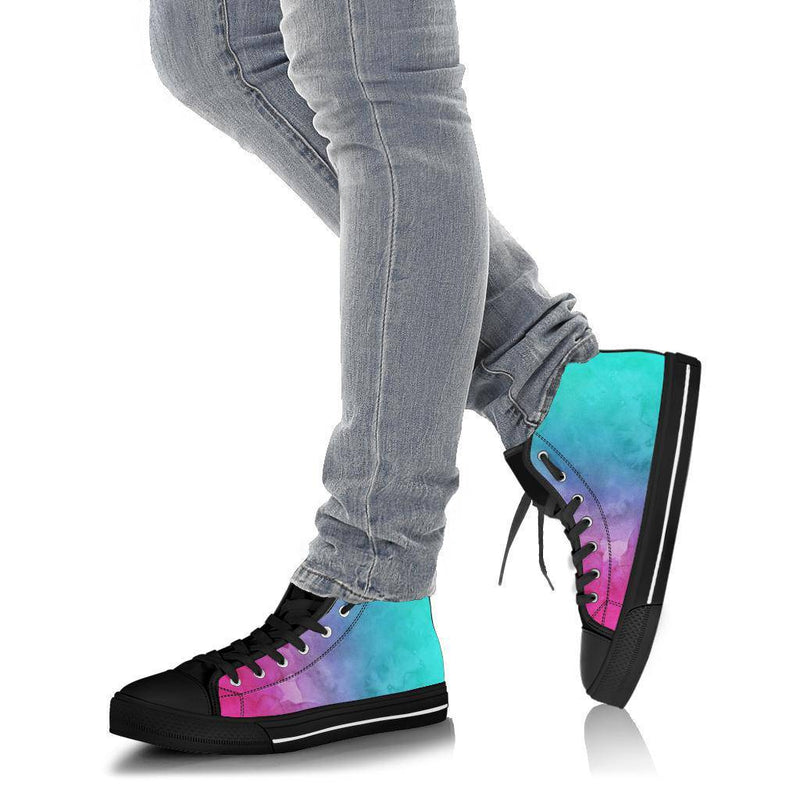 Pink Teal Water Colors Gradient High Top Sneakers Custom Shoes with Black Soles - TheRepublicStudio