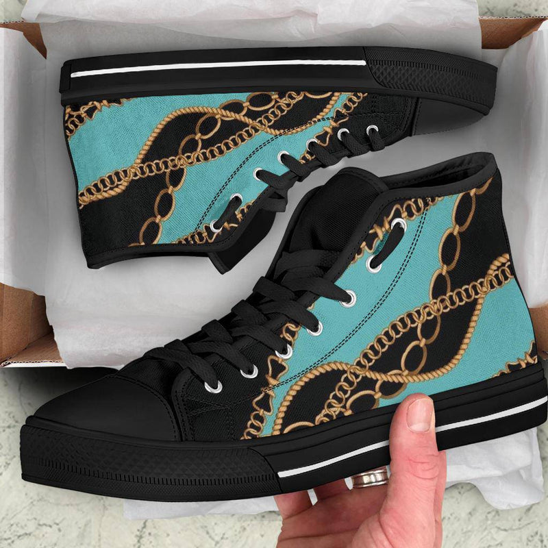 Teal Gold Chains Designer High Top Sneaker Custom Shoes with Black Soles - TheRepublicStudio