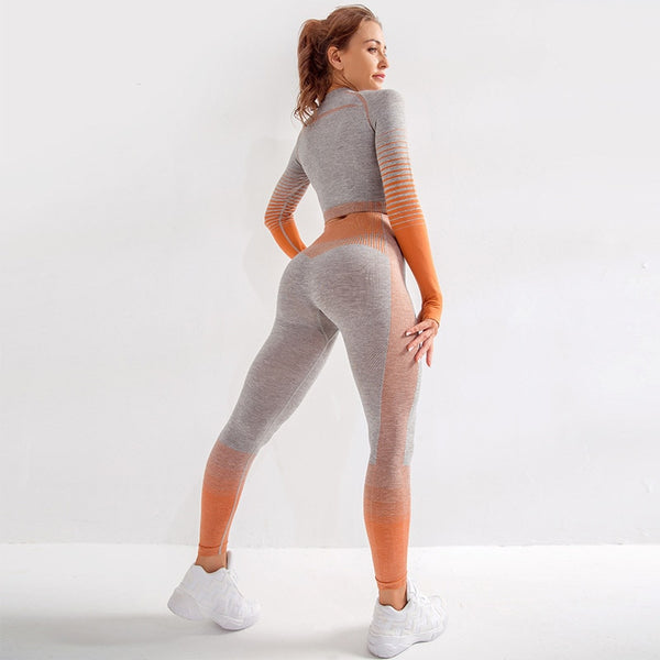 Women Vital Seamless Yoga Set Gym Clothing Fitness Leggings+Cropped Shirts Sport Suit Women Long Sleeve Tracksuit Active Wear - TheRepublicStudio