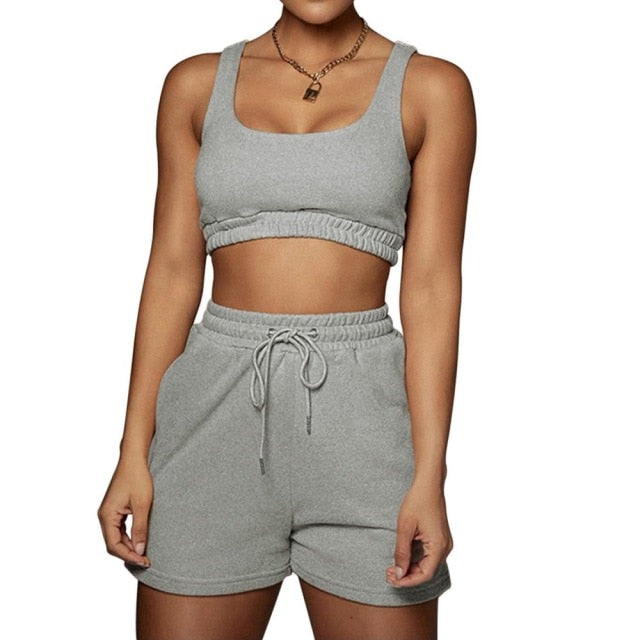 Women Solid Sportswear Two Piece Sets Women 2021 Crop Top And Drawstring Shorts Matching Set Summer Athleisure Outfits - TheRepublicStudio