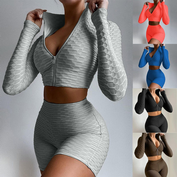 2 Pieces Suit Set Female Solid Color Stand Collar Long Sleeve Crop Tops with Zipper+ Short Pants Gray/Coffee/Blue - TheRepublicStudio