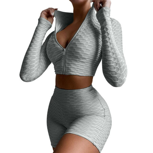 2 Pieces Suit Set Female Solid Color Stand Collar Long Sleeve Crop Tops with Zipper+ Short Pants Gray/Coffee/Blue - TheRepublicStudio