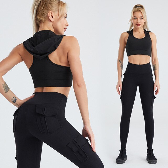 Brand Workout Sportswear Two Pieces Yoga Set Women Tracksuit Hooded Vest + Running Leggings Outfit Gym Fitness Suit - TheRepublicStudio