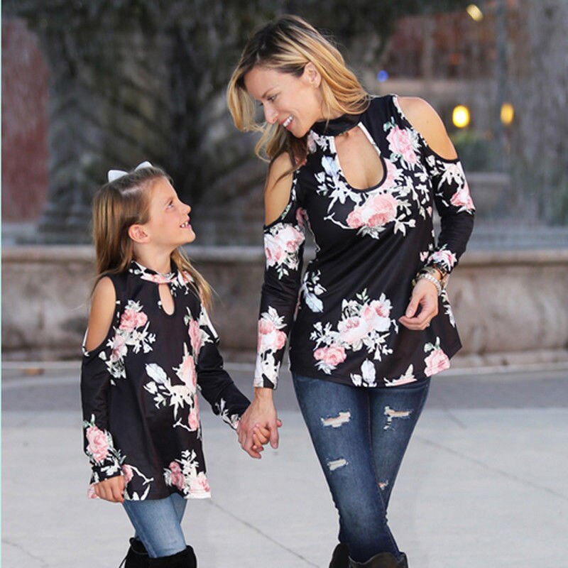 Family Matching Outfits Floral Tops Mother Mom Daughter Girls Long Sleeve Pullover Cotton Shirt Black - TheRepublicStudio