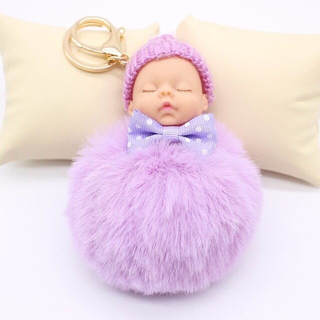 ZOEBER Sleeping Baby Doll Keychain Pompom Rabbit Fur Ball Key Chain Car Keyring Women Key Holder Bag Pendant Charm Accessories - TheRepublicStudio