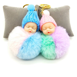 Multicolor Sleeping Baby Keychain Big Faux Leather 8CM Fur PomPom Doll KeyChain Bulb Bag Pom Pom Ball Key Chain Pendant Women - TheRepublicStudio