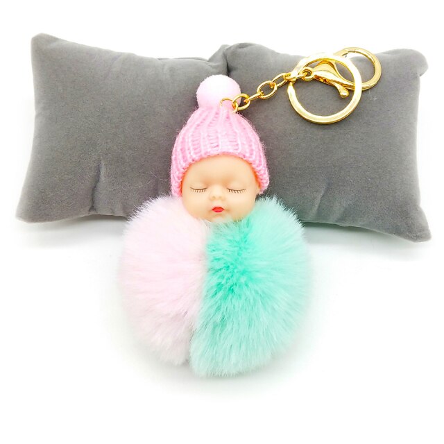 Multicolor Sleeping Baby Keychain Big Faux Leather 8CM Fur PomPom Doll KeyChain Bulb Bag Pom Pom Ball Key Chain Pendant Women - TheRepublicStudio