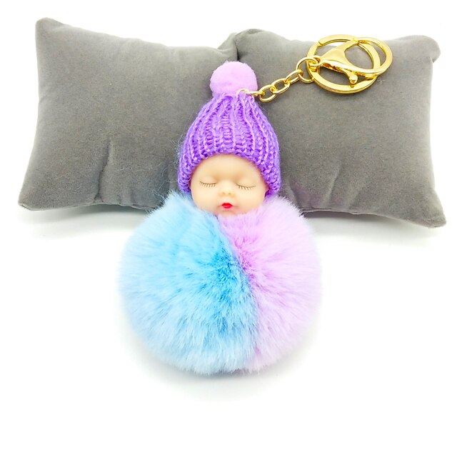 Multicolor Sleeping Baby Keychain Big Faux Leather 8CM Fur PomPom Doll KeyChain Bulb Bag Pom Pom Ball Key Chain Pendant Women - TheRepublicStudio