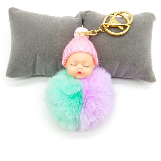 Multicolor Sleeping Baby Keychain Big Faux Leather 8CM Fur PomPom Doll KeyChain Bulb Bag Pom Pom Ball Key Chain Pendant Women - TheRepublicStudio