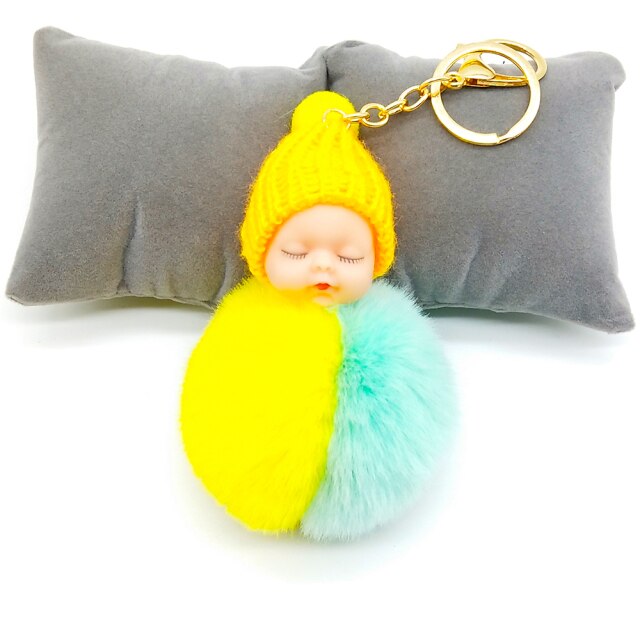 Multicolor Sleeping Baby Keychain Big Faux Leather 8CM Fur PomPom Doll KeyChain Bulb Bag Pom Pom Ball Key Chain Pendant Women - TheRepublicStudio