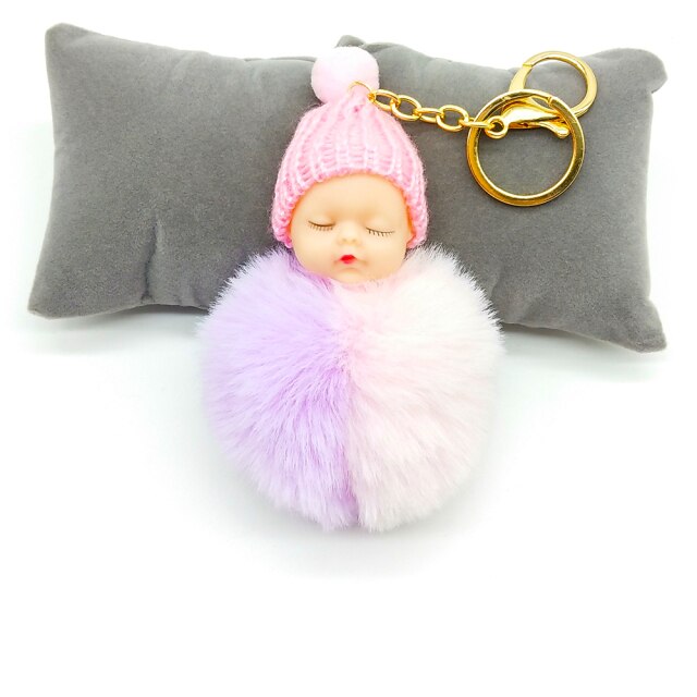 Multicolor Sleeping Baby Keychain Big Faux Leather 8CM Fur PomPom Doll KeyChain Bulb Bag Pom Pom Ball Key Chain Pendant Women - TheRepublicStudio