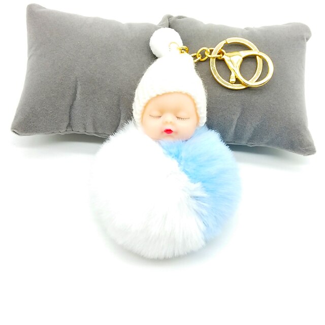 Multicolor Sleeping Baby Keychain Big Faux Leather 8CM Fur PomPom Doll KeyChain Bulb Bag Pom Pom Ball Key Chain Pendant Women - TheRepublicStudio