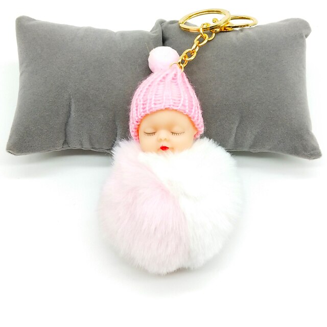 Multicolor Sleeping Baby Keychain Big Faux Leather 8CM Fur PomPom Doll KeyChain Bulb Bag Pom Pom Ball Key Chain Pendant Women - TheRepublicStudio