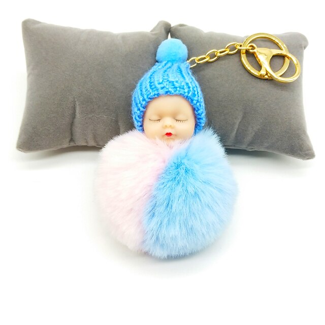 Multicolor Sleeping Baby Keychain Big Faux Leather 8CM Fur PomPom Doll KeyChain Bulb Bag Pom Pom Ball Key Chain Pendant Women - TheRepublicStudio