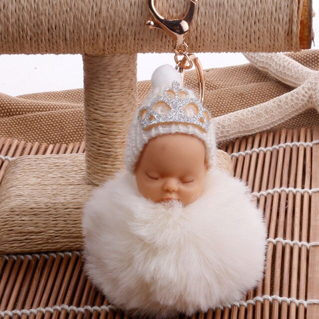 Fluffy Faux Rabbit Fur Pompom Sleeping Baby Doll Keyring Car Key Chain Women Key Cover Pendant Trinket Charms Bag Accessories - TheRepublicStudio