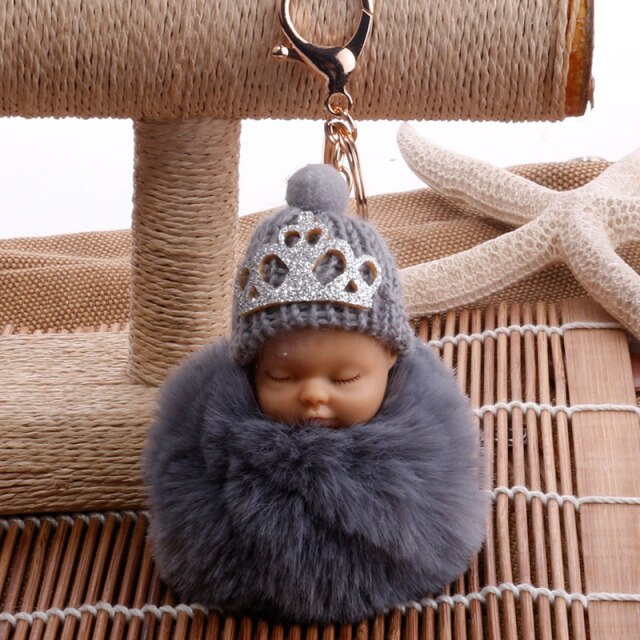 Fluffy Faux Rabbit Fur Pompom Sleeping Baby Doll Keyring Car Key Chain Women Key Cover Pendant Trinket Charms Bag Accessories - TheRepublicStudio